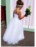 White Pleated Tulle Pearl Flower Girl Dress